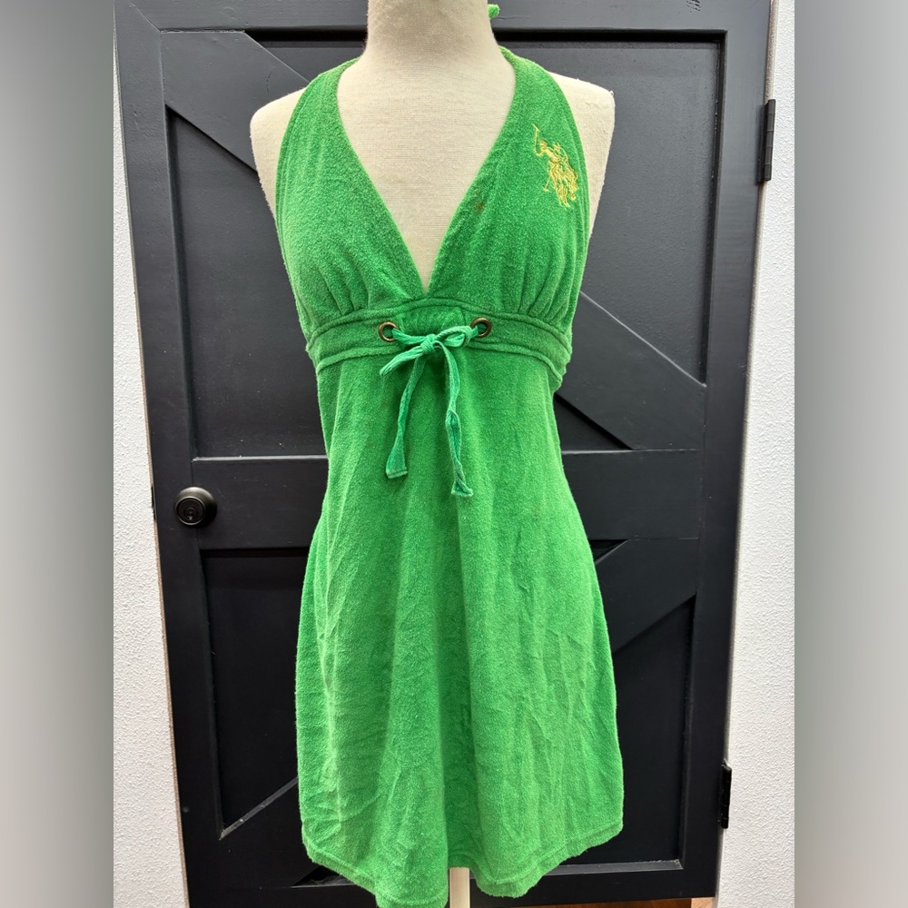 Polo Assn. Y2K Terry Halter Dress Cover Up Green & Gold Embroidery Beach Summer